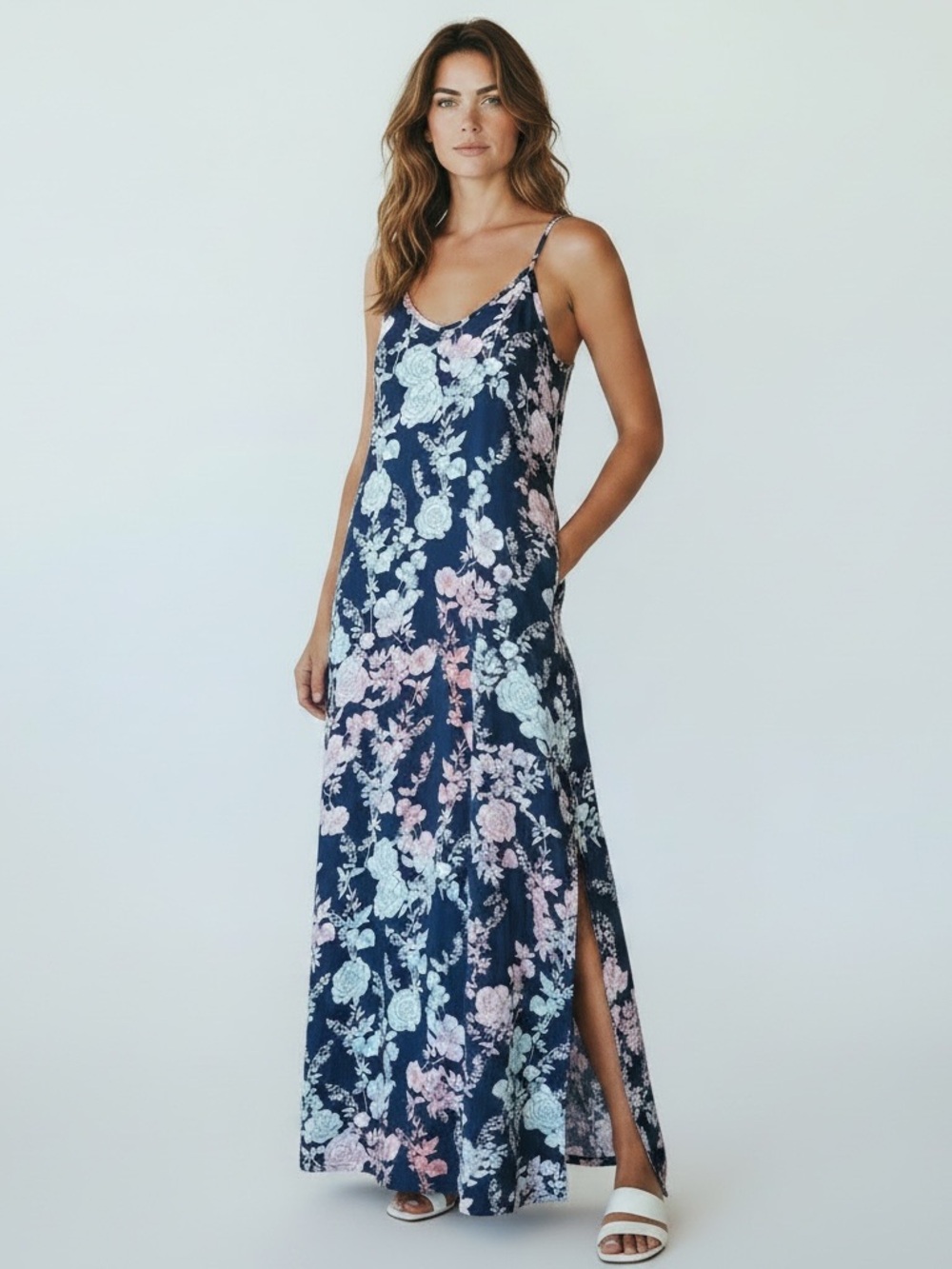 LNV Floral Maxi Dress Small Blue Pink Adjustable Strap Boho